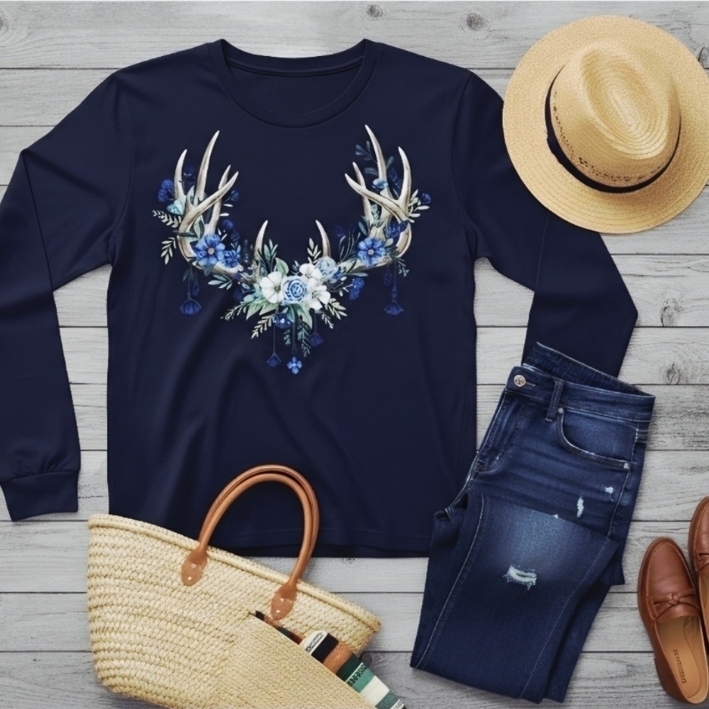 Floral Antler Long Sleeve Shirt • Boho Western Deer Antlers Tee • Country Girl